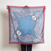 Owl Hand Painted Blue Silk Square Scarf Owl Lover Gift 35X35