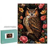 Owl with Roses on Black Background Wooden Jigsaw Puzzle (300/500/1000pcs), Owl Illustration, Bold Bo
