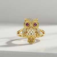 Handmade pink Round Cut Owl Ring, Unique Spirit Animal Jewelry, Realistic Bird Statement Ring for Me