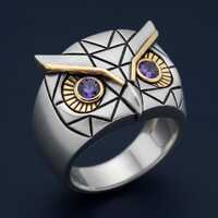 Geometric Owl Ring Sterling Silver Gold Plated Detail Purple CZ Signet