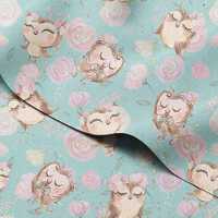 Waterproof Outdoor Fabric by the Yard &ndash; Owls with Pink Flowers on Blue Print 59in Wide (150cm)