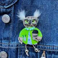 Handmade Coffee Owl Brooch, Whimsical Bird Pin with Glasses, Coffee Lover Gift