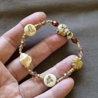 Cream Owl, Seashell, Bird, Bee Bracelet: Czech Glass. Red Accents. Size S/M 6.75"