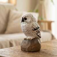 Hand Carved Wooden Snowy Owl Figurine &ndash; Rustic Woodland Animal Sculpture