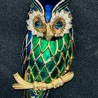 Brooch Jomaz signed owl enamel gold tone vintage rare find