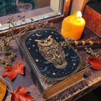 Large Leather Owl Journal – Celestial Grimoire, Vintage Lock Diary, Spellbook