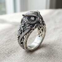 Sterling Silver Owl Ring, Viking Nature Ring, Wise Owl Statement Band, Nordic Forest Jewelry for Men