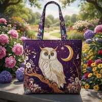 Owl Quilted Tote Bag, Moon Night Owl Patchwork Tote, Cottagecore Owl Fabric Tote, Mystical Owl Quilt