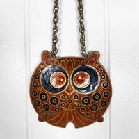Vintage Brass Enamel Owl Pendant Champleve Necklace Lee Bernay Designs MCM 1970s