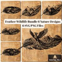 Wildlife Feather SVG Bundle, Eagle Hawk Owl Raven Falcon Phoenix Feather Engraving Designs, Laser En