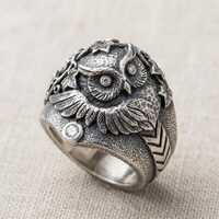 Sterling Silver Owl Ring, Chunky Wise Owl Signet Ring with Clear Stones, Gothic Boho Animal Totem St
