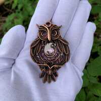 Wire Wrapped Copper Owl Pendant, Pink Ruby Catam Gemstone Necklace