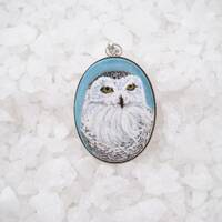 Vintage Hand Painted White Snow Owl Pendant - Silvertone Setting - 1980's - Artisan Made - Owl P