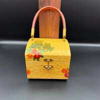 Vintage Owl Box Purse Wooden Decoupage Handbag 1970s Folk Art Lucite Handle