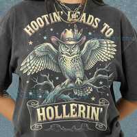 Hootin' Leads To Hollerin' Comfort Colors&reg; Tshirt, Retro Cowboy Owl Faded Graphic T-Shir