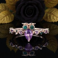 Unique Natural Amethyst Owl Engagement Ring 14k Rose Gold Round Amethyst Emerald Wedding Ring Cute A