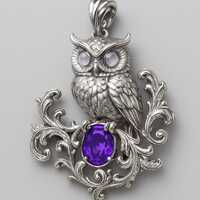 Sterling Silver Owl Pendant Necklace with Amethyst Purple Crystal, Vintage Filigree Fantasy Jewelry