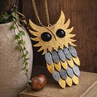 Vintage Owl Pendant &ndash; Gold & Silver Layered Feather Owl &ndash; Mid Century Boho Statement