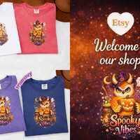 Spooky Vibes Owl Pumpkin Halloween T-shirt | Witch Hat, Ghosts, Crescent Moon