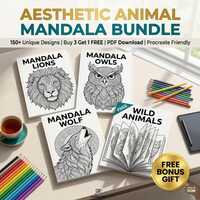 Animal Mandala Coloring Bundle | Lion, Owl, Wolf, Wildlife Designs (Digital Download)