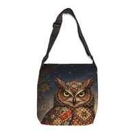 Patterned Owl Illustration Adjustable Tote Bag | Night Forest, Boho Owl Print