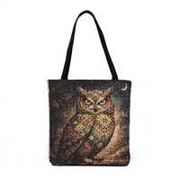 Vintage Mosaic Owl Woven Tote | Night Moon Bird Illustration