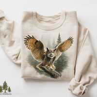 Great Horned Owl Sweatshirt, Vintage Wildlife Owl Crewneck, Birdwatching Owl Shirt, Forest Nature Lo