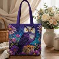 Purple Owl Quilted Tote Bag, Night Garden Owl Aesthetic Book Lover Tote