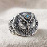 Sterling Silver Owl Ring, Moon Phase Witchy Ring, Celestial Rune Statement Ring, Mystical Unisex Jew