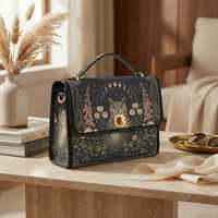 Owl Moon Phase Satchel Bag, Cottagecore Forest Crossbody Purse, Celestial Botanical Canvas Handbag, 