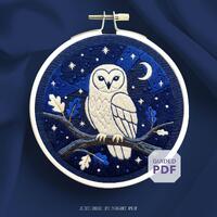 snow owl hand embroidery pattern PDF * night time forest ornament * whimsical woodland creature * wh