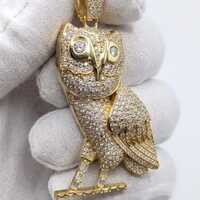 Iced Out Owl Moissanite Pendant, Yellow Gold Finish Bird , Hip Hop Jewelry Men Pendant