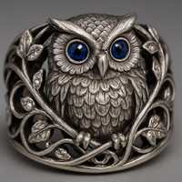 Sterling Silver Owl Ring with Blue Stone Eyes, Wide Band Statement Nature Animal Jewelry Gift for He