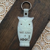 Vintage Owl Keychain - We Give a Hoot - White Plastic Advertising Keychain