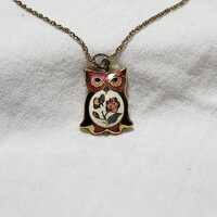 Vintage Cloisonn&eacute; Owl Pendant Necklace &ndash; Double-Sided Enamel Floral Design &ndash; Gold