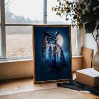 Owl Wall Art Printable &ndash; Double Exposure Owl Poster &ndash; Moon Forest Animal Art &ndash; Nig