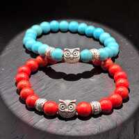 Handcrafted Owl & Marbled Stone Stretch Bracelet 6.5inch