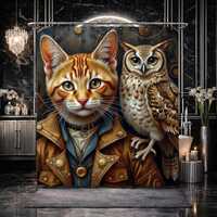 Cat Owl Shower Curtain Art Deco Portrait Ginger Amber Noir Gothic Bathroom Decor