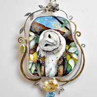 RESERVED Georgian Cloisonne Enamel Barn Owl Pendant &ndash; Sterling Silver, Citrine, Topaz, Peridot