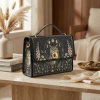 Midnight Owl Alchemy Satchel Bag, Celestial Moon Cycle Canvas Purse, Gothic Botanical Crossbody Hand
