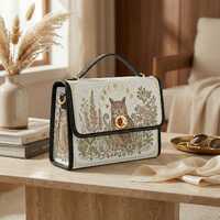 Ivory Woodland Owl Satchel Bag, Vintage Botanical Canvas Handbag, Moonlit Garden Crossbody Purse, Co
