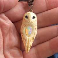 Ivory Clay Barn Owl Totem Pendant Smaller Version with Natural Opal: Boho Animal Jewelry