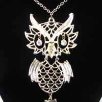 Vintage Articulated Owl Necklace with Rhinestone Eyes, 1970's
