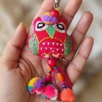 Handmade Embroidered Owl Keychain – Colorful Pom Pom Bag Charm