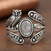 Sterling Silver Owl Sun Moon Statement Ring, Boho Celestial Vintage Jewelry