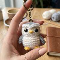 Crochet Owl Keychain, Amigurumi Bird Bag Charm, Cute Grey Snowy Owl Keyring, Backpack Accessory, Gif