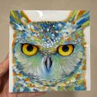 Colorful Owl Painting Original Acrylic Artwork Resin Finish Bird Wall Art Yellow Eyes Nature