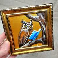 Reading Owl Miniature Oil Painting &ndash; Wise Owl with Book, Framed Original Bird Art