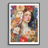 Portrait painting of a woman and an owl with oil pastels. by Majid saberinejad