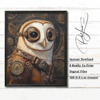 Steampunk Barn Owl Character Portrait - Vintage Fantasy Wall Art, Moody Owl in Brass, Steampunk Deco